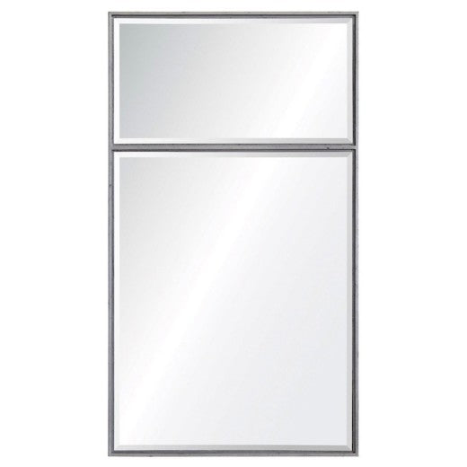 Mirror Home Hand carved trumeau with floated beveled mirrors and finished in antiqued silver leaf